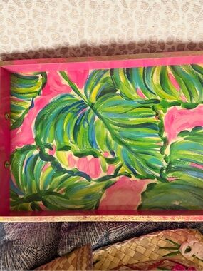 Lily Pulitzer Signed Pink & Green Tropical Leaf Decorative Tray Hand-Painted
